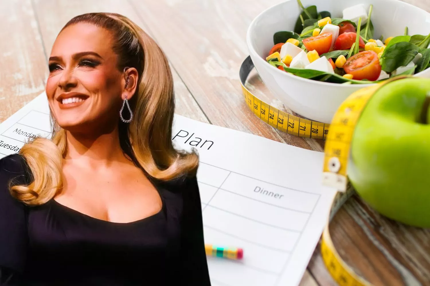El nuevo físico de Adele, una manzana y un papel con un plan de dieta / Montaje CONSUMIDOR GLOBAL
