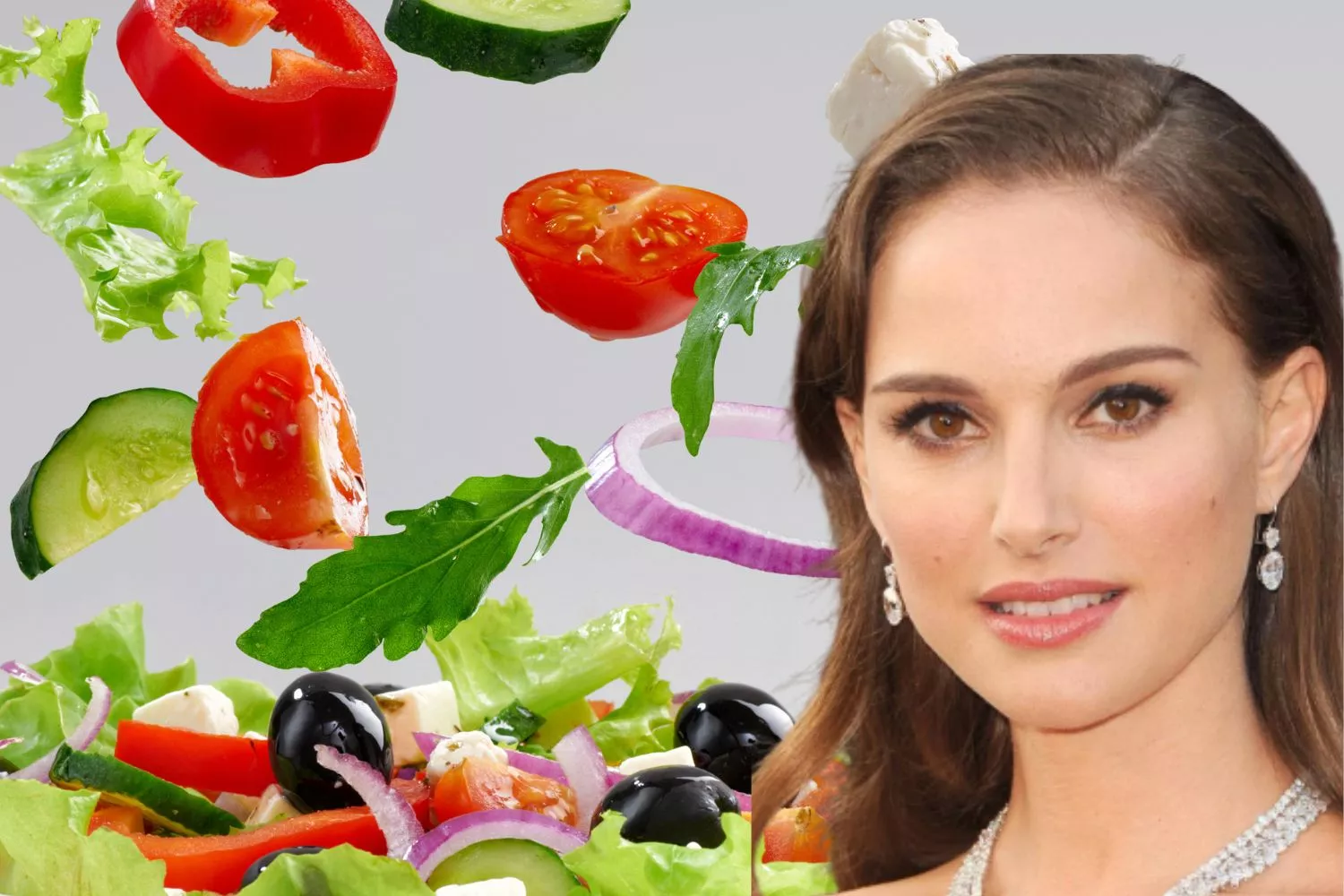 Natalie Portman y los ingredientes para preparar una ensalada / Montaje CONSUMIDOR GLOBAL