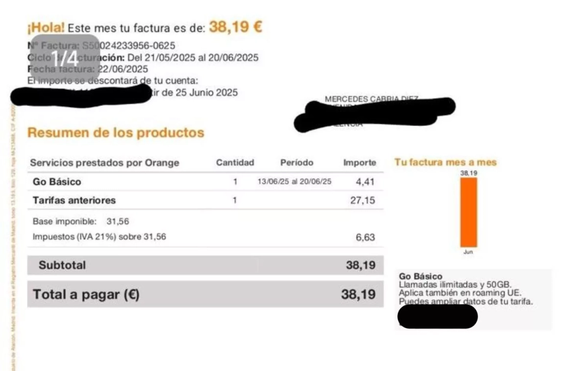 La factura que recibió Mercedes Cabria de Orange CEDIDA La factura que recibió Mercedes Cabria de Orange CEDIDA