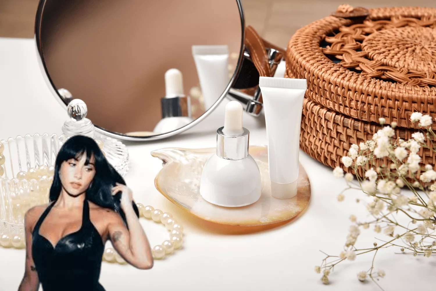 Fotomontaje de productos de skincare y Aitana