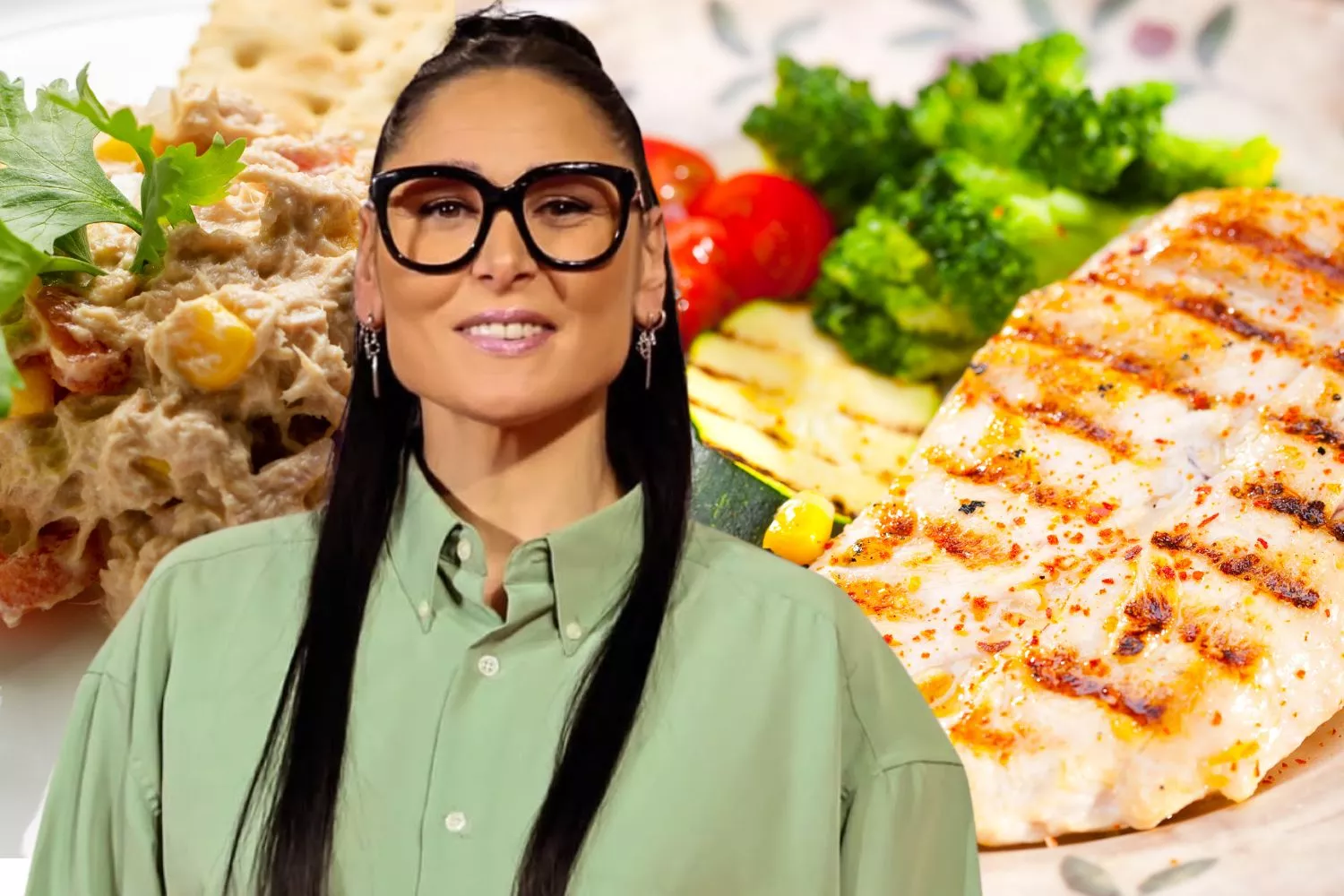 Rosa López y alimentos de una dieta saludable / Montaje CONSUMISOR GLOBAL