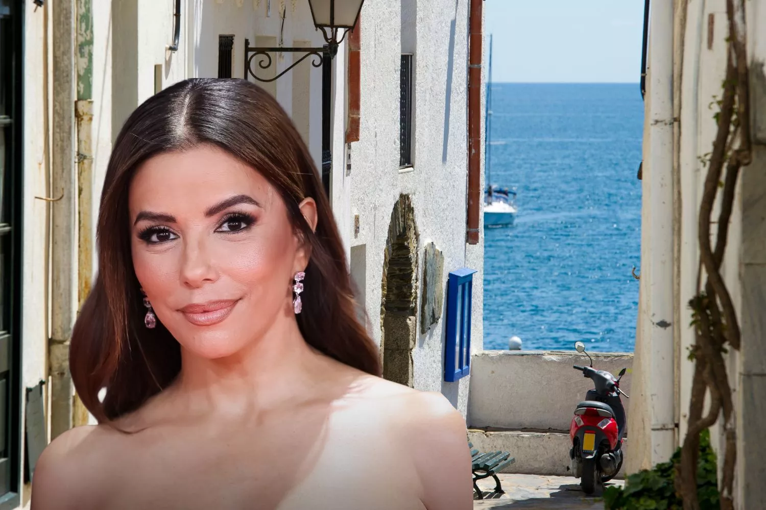 Eva Longoria y un pueblo de la Costa Brava / Montaje CONSUMIDOR GLOBAL