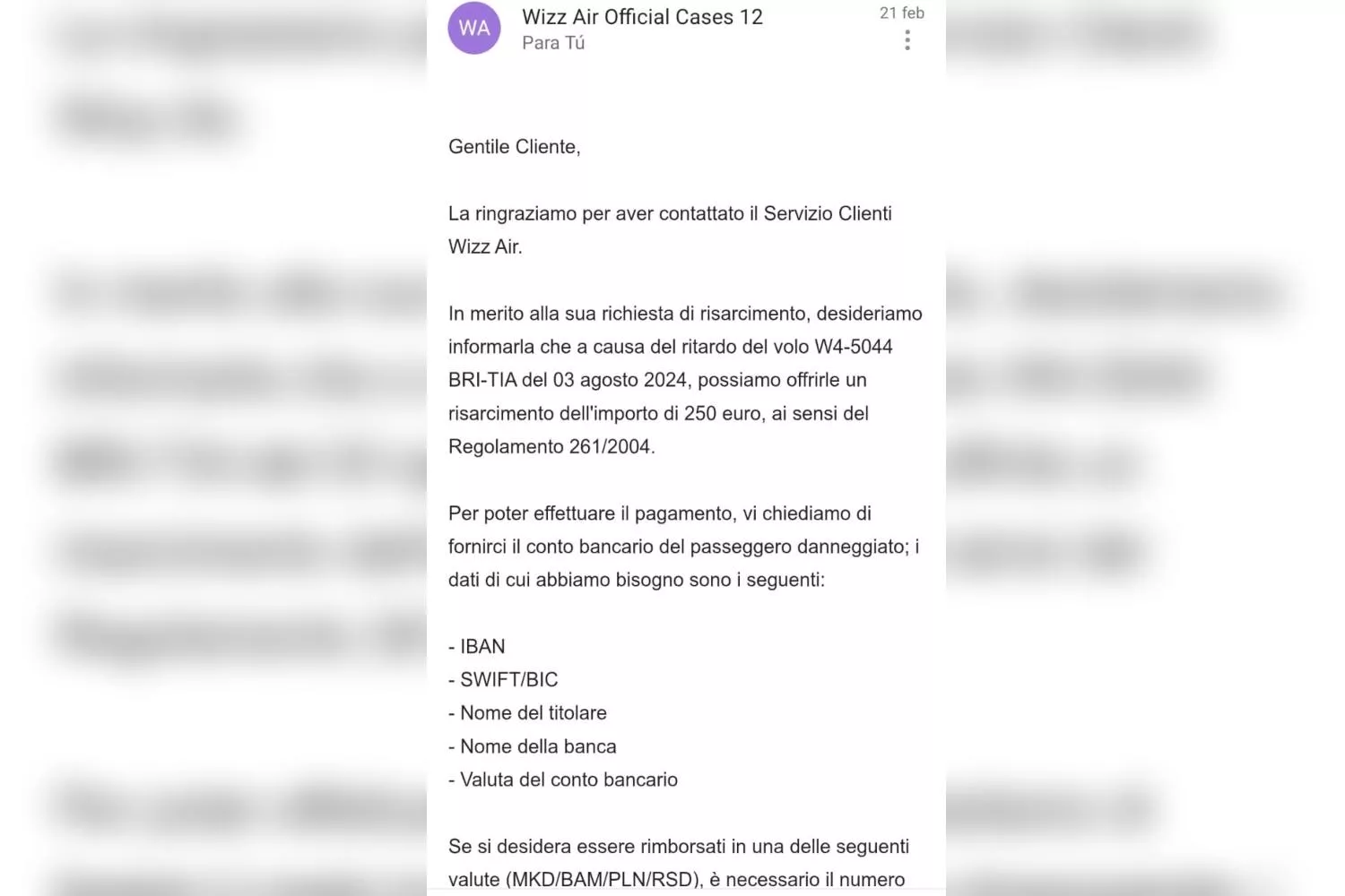 Mensaje de Wizz Air reconociendo el derecho a compensación a una de las pasajeras CEDIDA Mensaje de Wizz Air reconociendo el derecho a compensación a una de las pasajeras CEDIDA