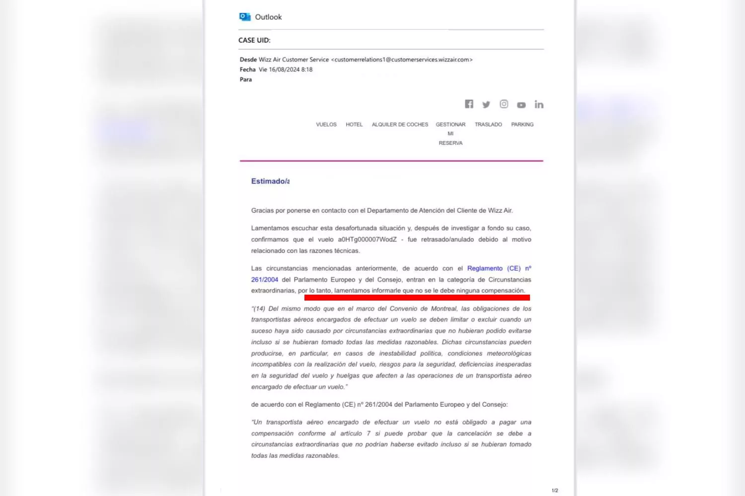 Wizz Air niega la compensación económica a otra pasajera / CEDIDA Wizz Air niega la compensación económica a otra pasajera / CEDIDA