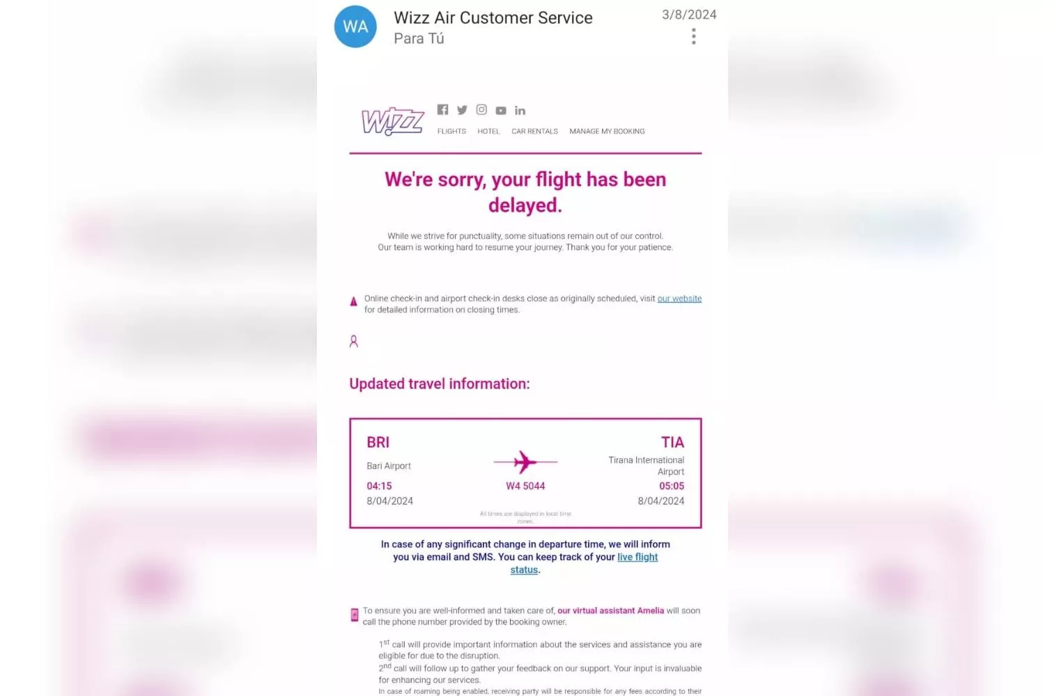 Wizz Air comunica el retraso a una de las pasajeras / CEDIDA Wizz Air comunica el retraso a una de las pasajeras / CEDIDA