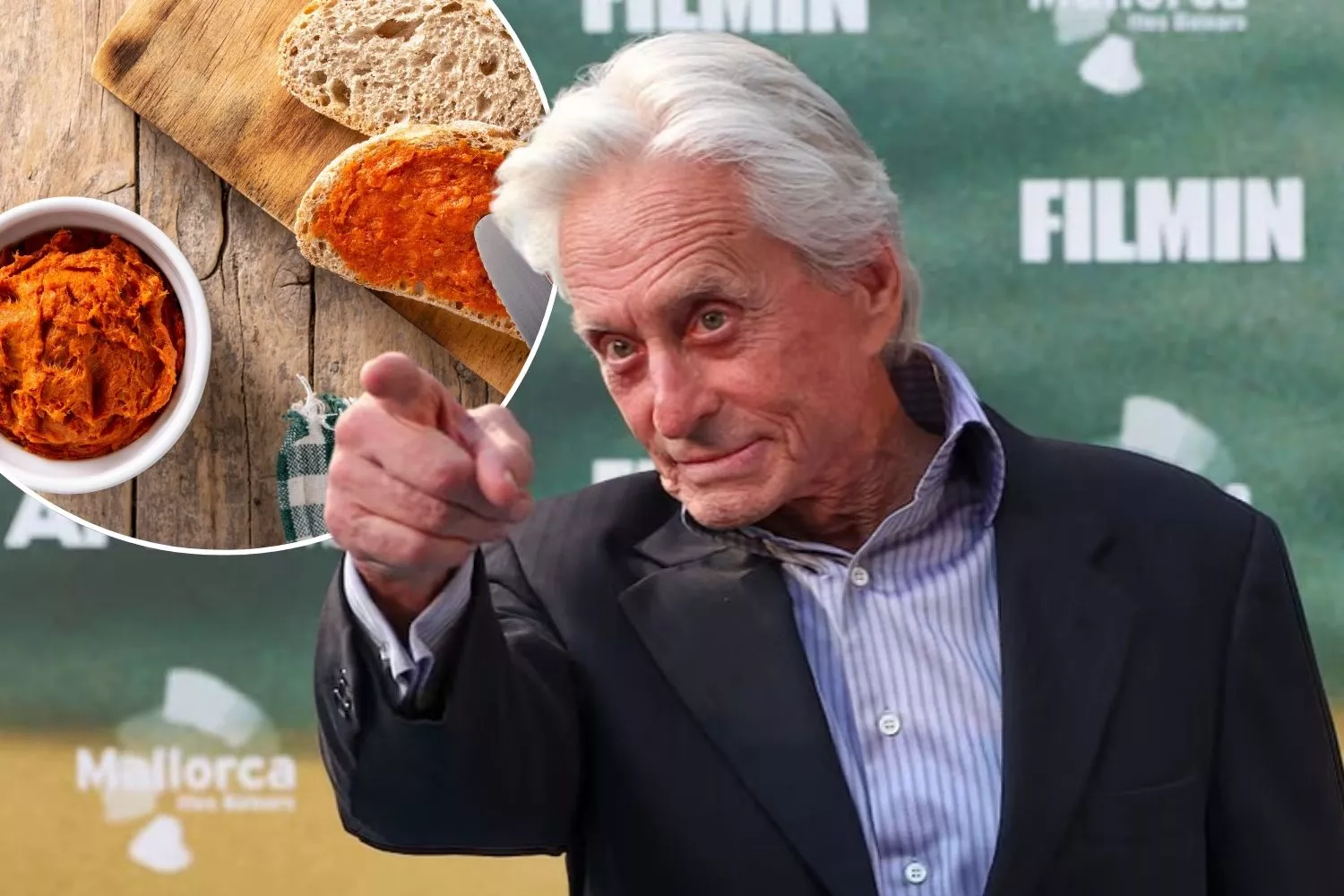 El actor Michael Douglas y un plato de la gastronomía menorquina / Montaje CONSUMIDOR GLOBAL