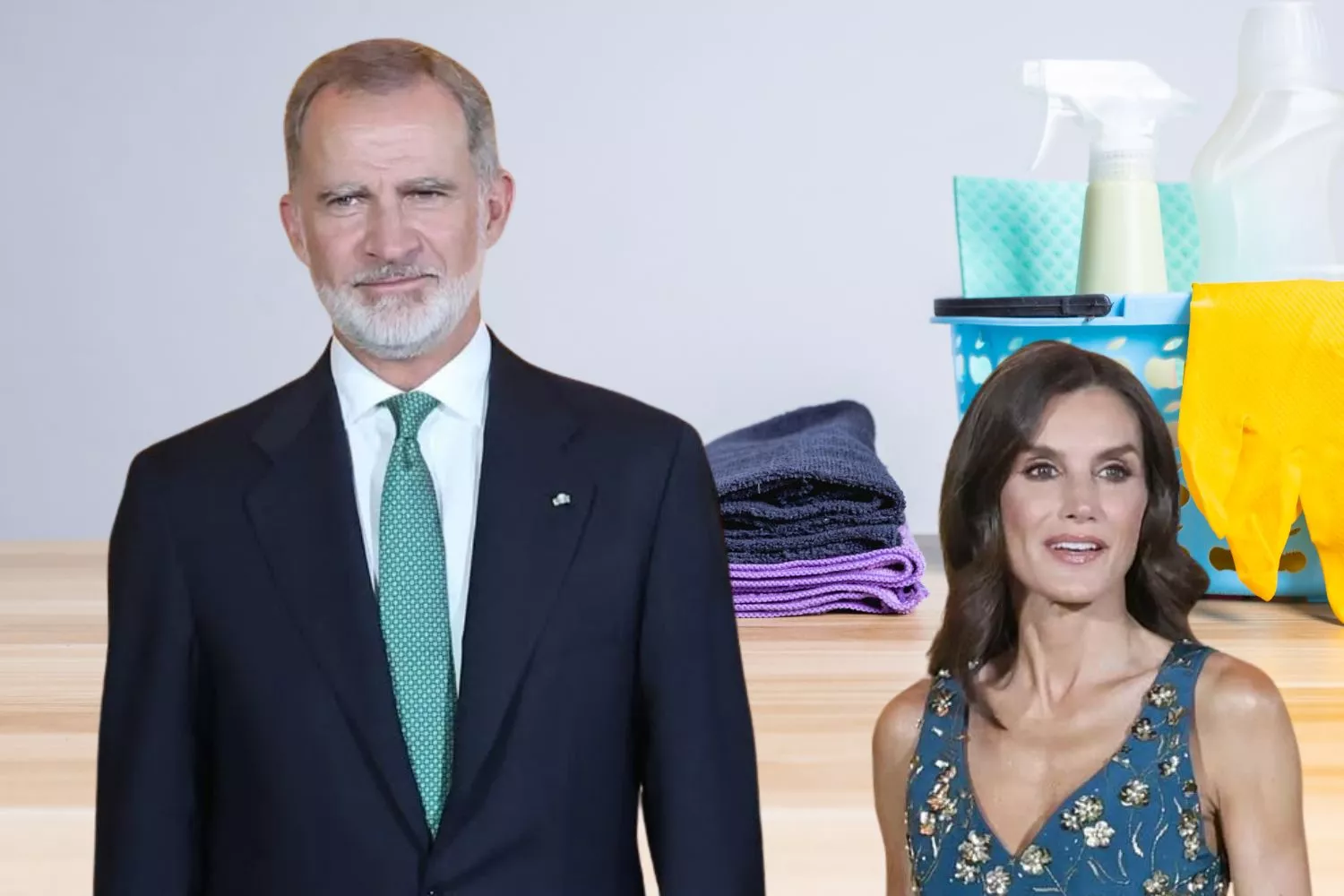 Los reyes Letizia y Felipe y utensilios para limpiar los baños / Montaje CONSUMIDOR GLOBAL