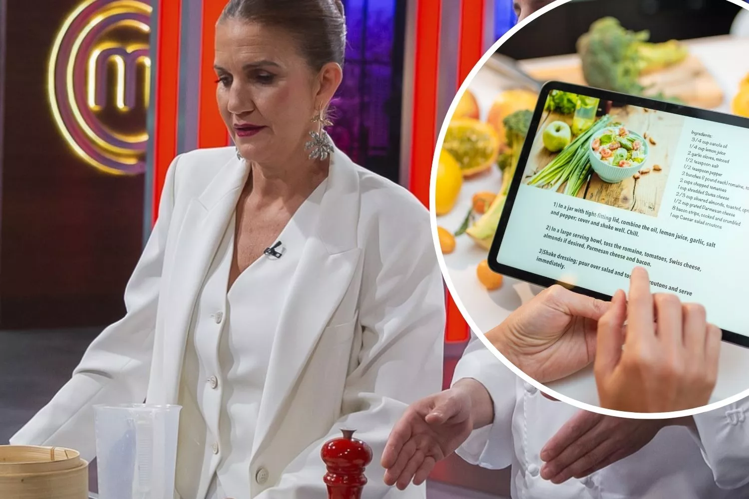 La chef Samantha Vallejo-Nágera y una receta en una tablet / Montaje CONSUMIDOR GLOBAL