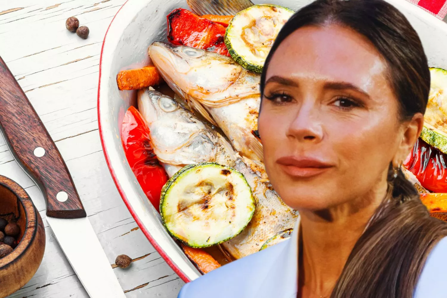 Victoria Beckham y un plato con pescado a la plancha y verduras al vapor / Montaje CONSUMIDOR GLOBAL