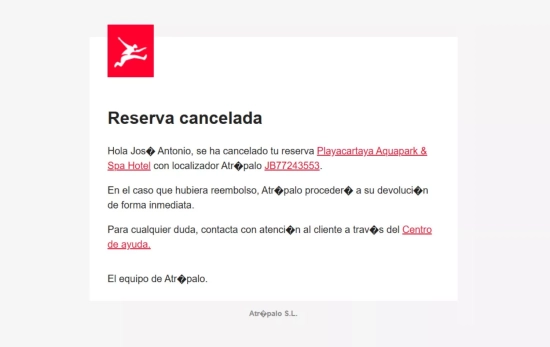 El mensaje de Atrápalo informando que la reserva había sido cancelada   CEDIDA (1)