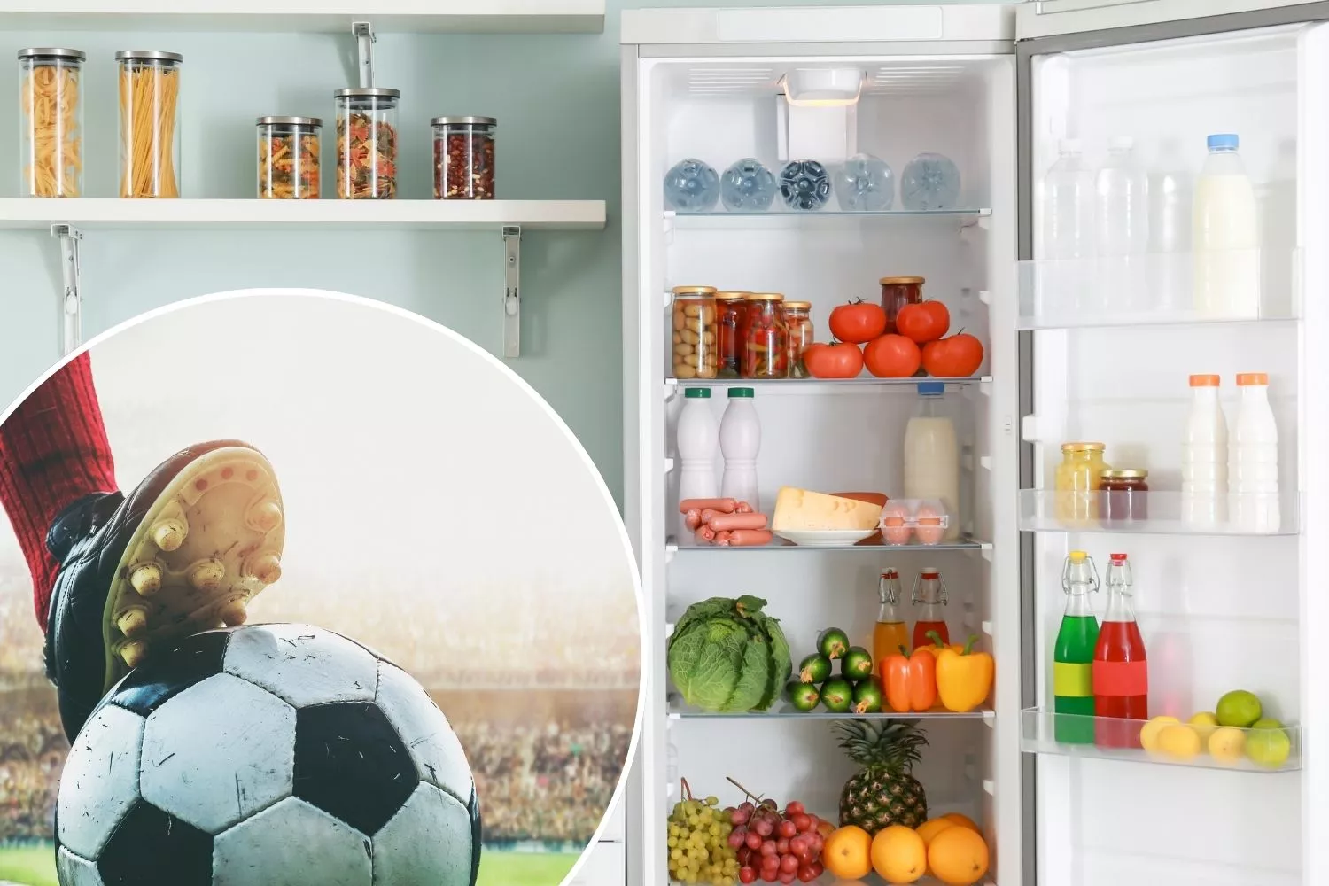 Un futbolista y una nevera con distintos tipos de alimento / Montaje CONSUMIDOR GLOBAL