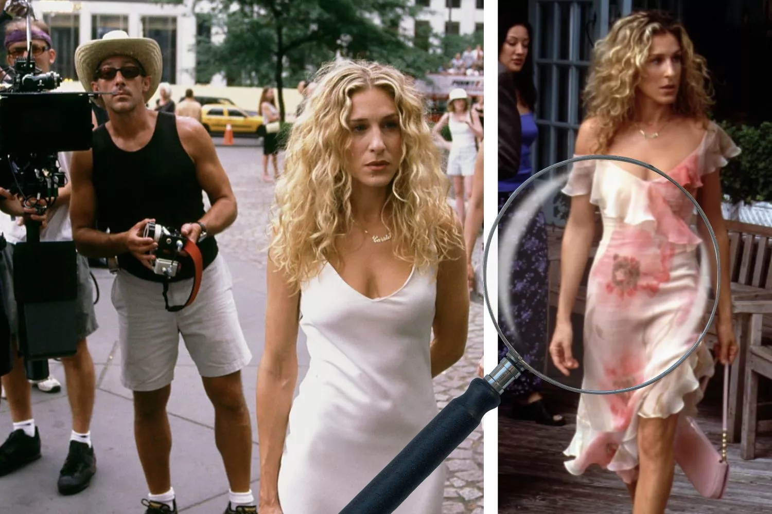 Sarah Jessica Parker en el rodaje de 'Sexo en Nueva York' con dos vestidos lenceros/ Montaje CONSUMIDOR GLOBAL