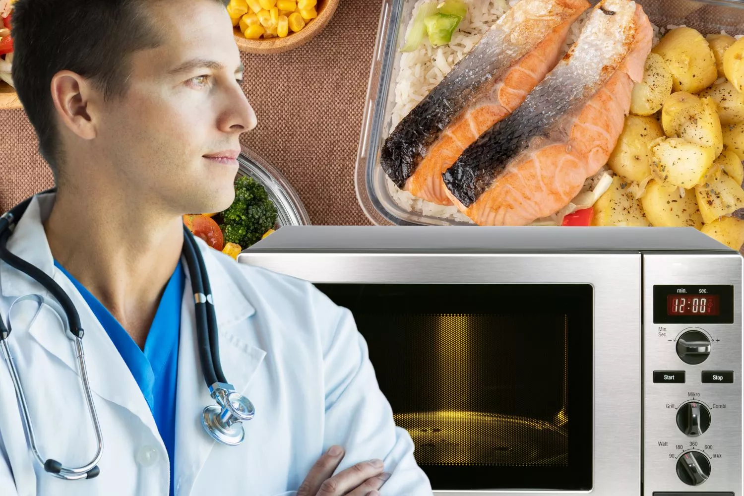 Un médico con platos de comida / Montaje CONSUMIDOR GLOBAL