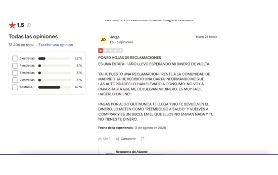 Una de las muchas críticas de AllZone en Trustpilot / TRUSTPILOT Una de las muchas críticas de AllZone en Trustpilot / TRUSTPILOT