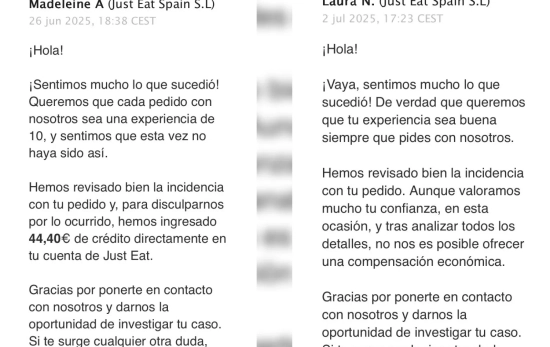 Las dos respuestas contradictorias de Just Eat / CEDIDA Las dos respuestas contradictorias de Just Eat / CEDIDA