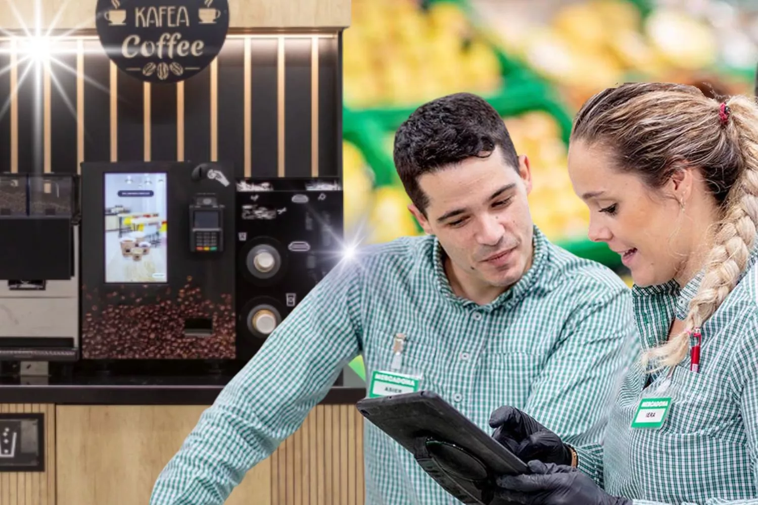 Dos trabajadores y la novedad que Mercadona trae a España desde Portugal/  Montaje CONSUMIDOR GLOBAL