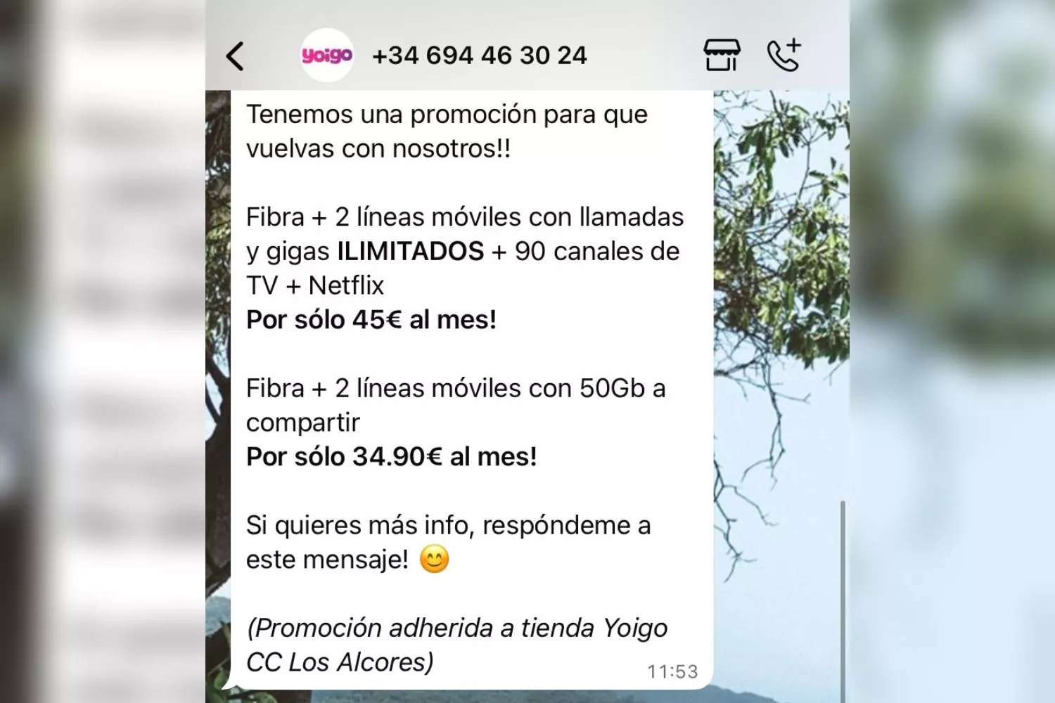 Mensaje comercial de Yoigo enviado a la afectada / CEDIDA Mensaje comercial de Yoigo enviado a la afectada / CEDIDA