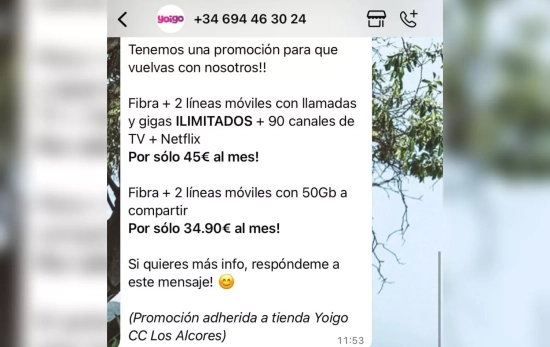 Mensaje comercial de Yoigo enviado a la afectada / CEDIDA Mensaje comercial de Yoigo enviado a la afectada / CEDIDA
