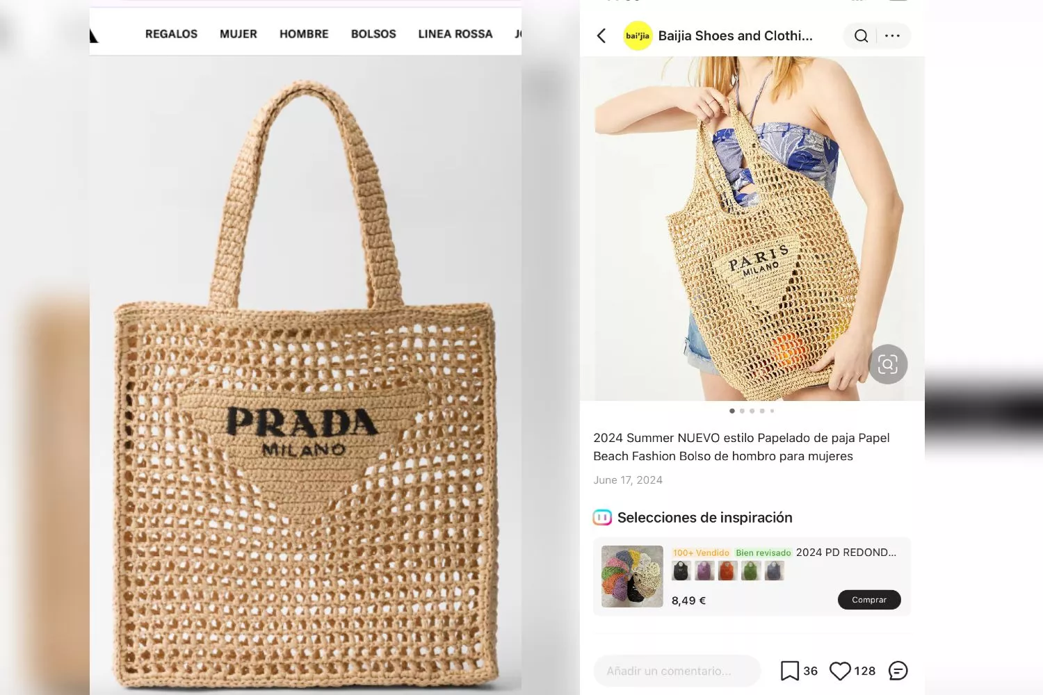 A la izquierda, bolso de Prada verdadero. A la derecha, imitación en Hacoo / CG A la izquierda, bolso de Prada verdadero. A la derecha, imitación en Hacoo / CG