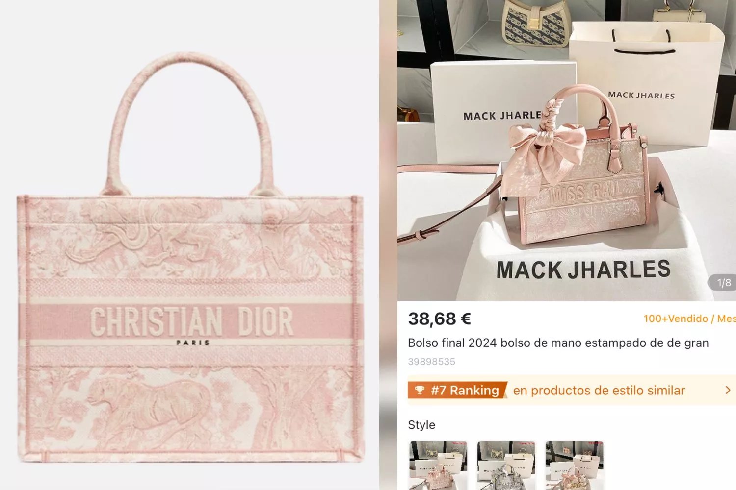 A la izquierda, bolso Book Tote de Christian Dior. A la derecha, imitación vendida en Hacoo / CG A la izquierda, bolso Book Tote de Christian Dior. A la derecha, imitación vendida en Hacoo / CG