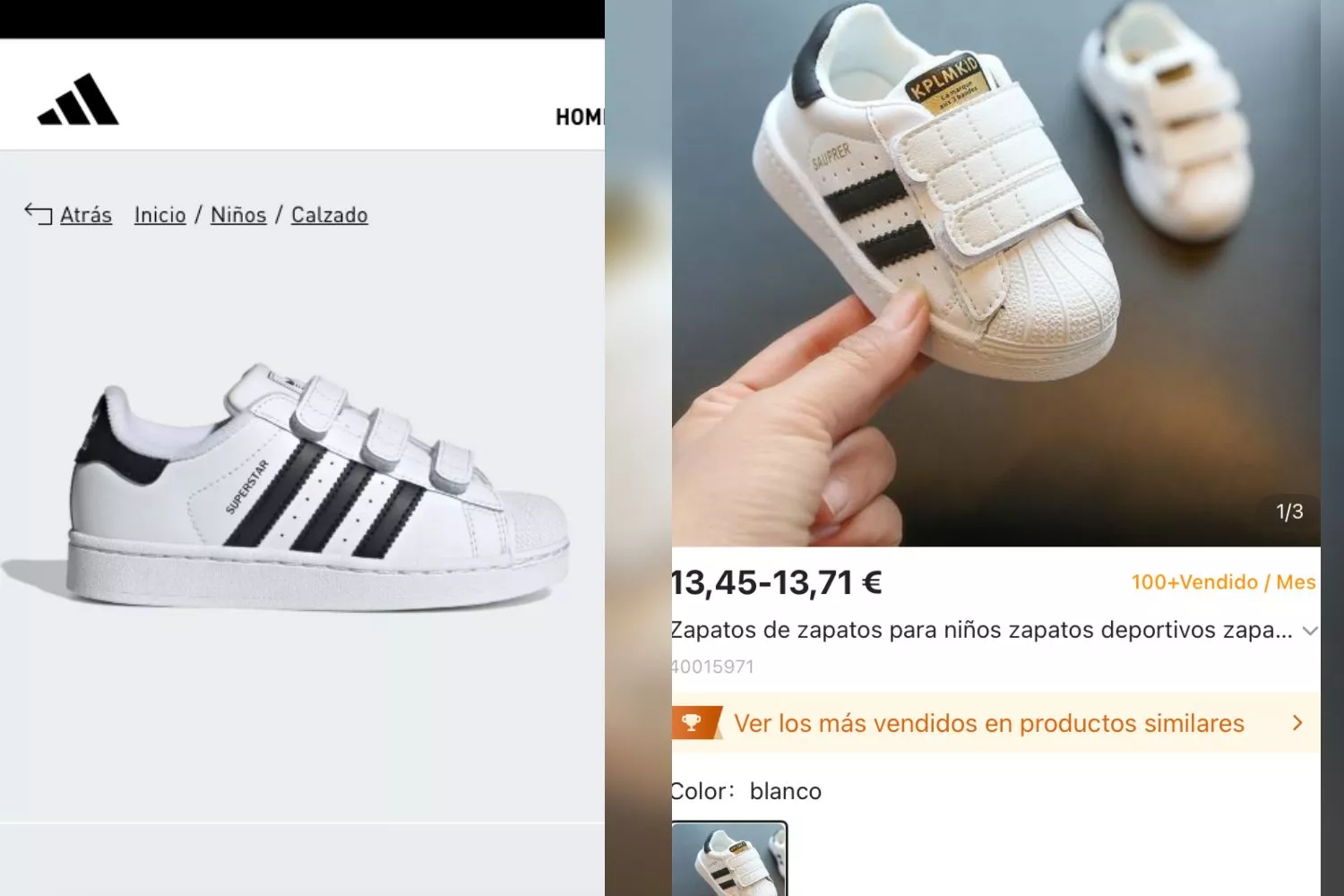 A la izquierda, las Adidas Superstar originales. A la derecha, la falsificación vendida en Hacoo / CG A la izquierda, las Adidas Superstar originales. A la derecha, la falsificación vendida en Hacoo / CG