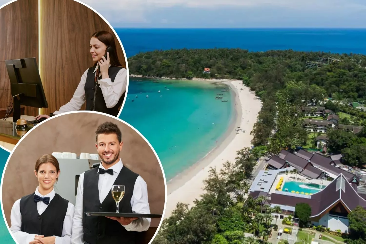 Una playa y empleados de un hotel / Montaje CONSUMIDOR GLOBAL