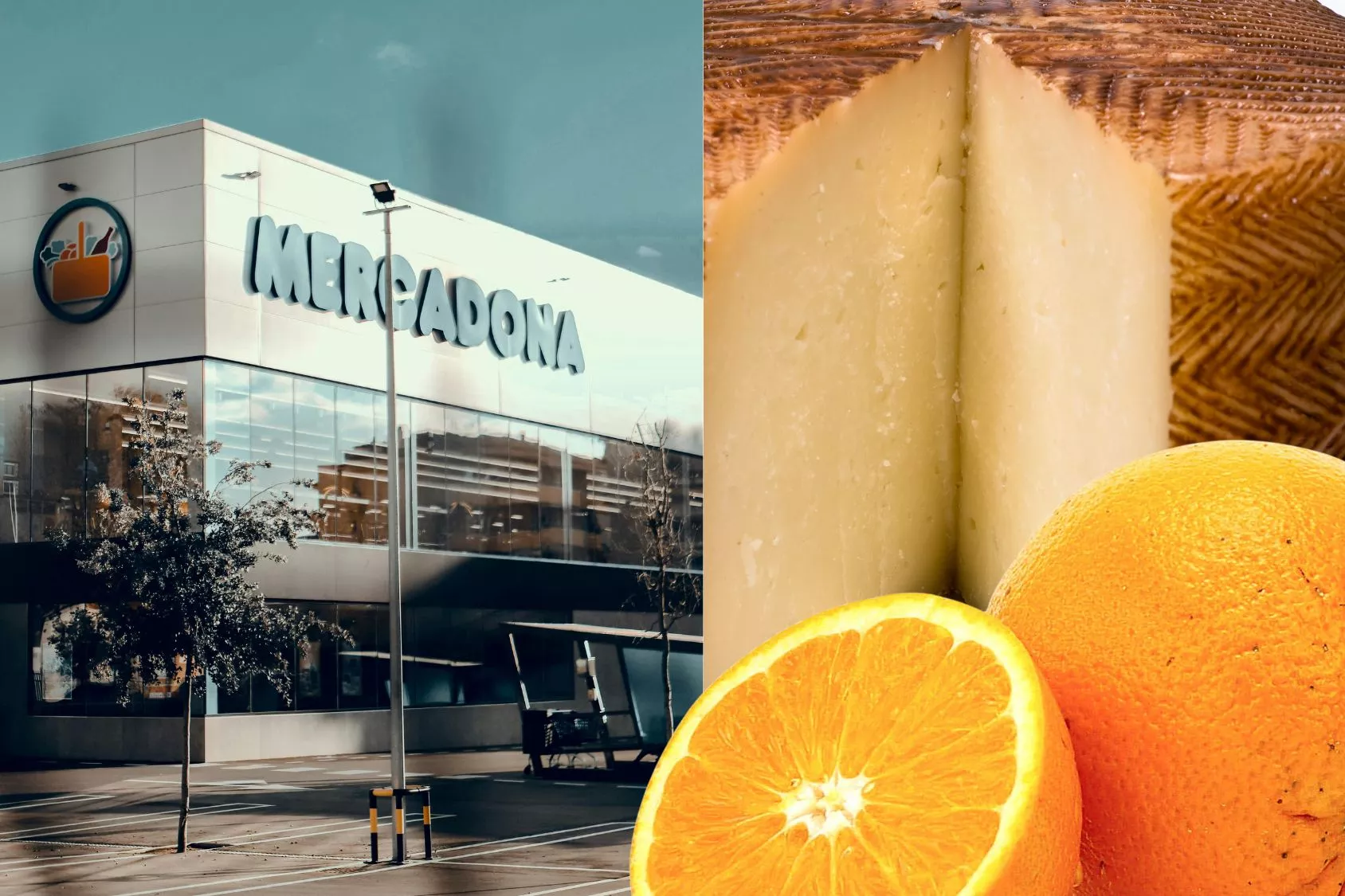 Un edificio de Mercadona junto con un queso y unas naranjas / Montaje Consumidor Global