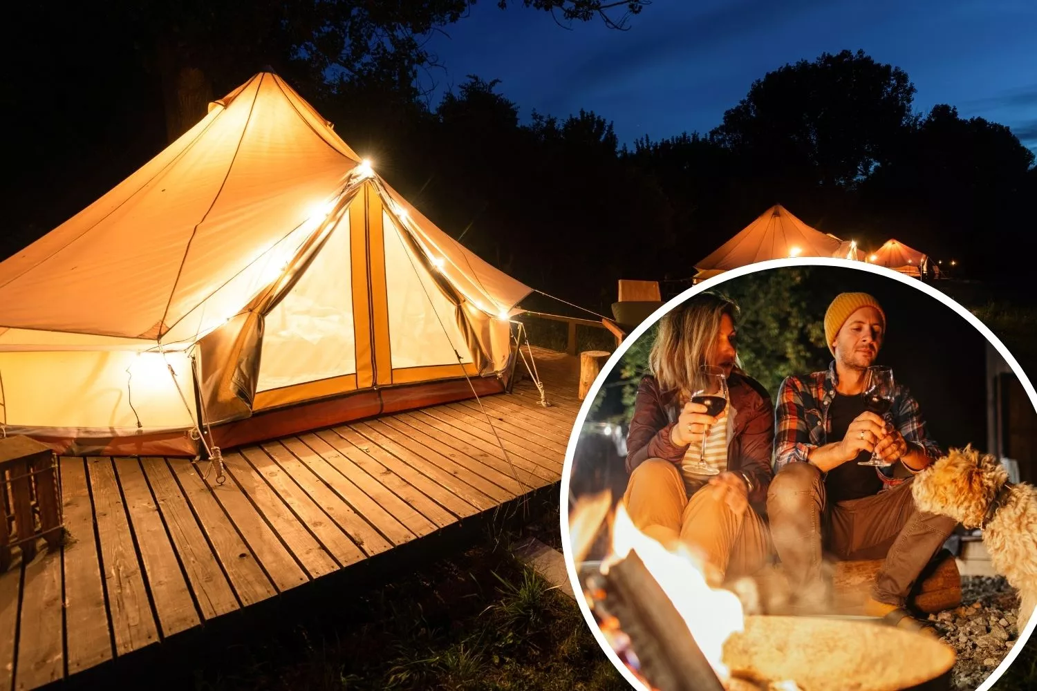 Una tienda y una pareja en un camping de vacaciones junto a su mascota / Montaje Consumidor Global