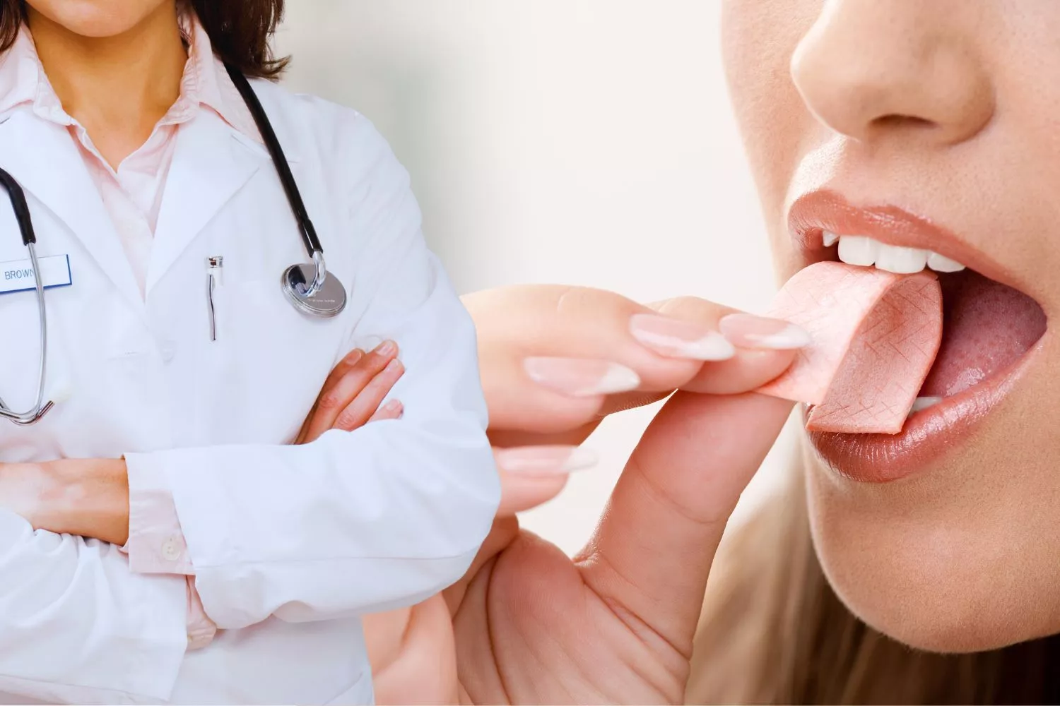 Una nutricionista y una mujer que se dispone a masticar un chicle para no pasar hambre/ Montaje Consumidor Global