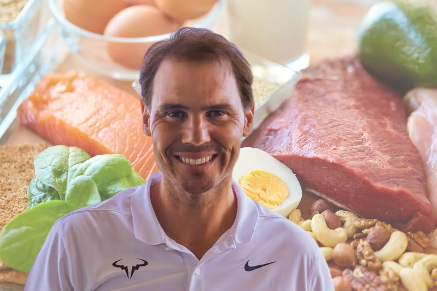 Rafa Nadal  y varios alimentos de su dieta  / Montaje CONSUMIDOR GLOBAL