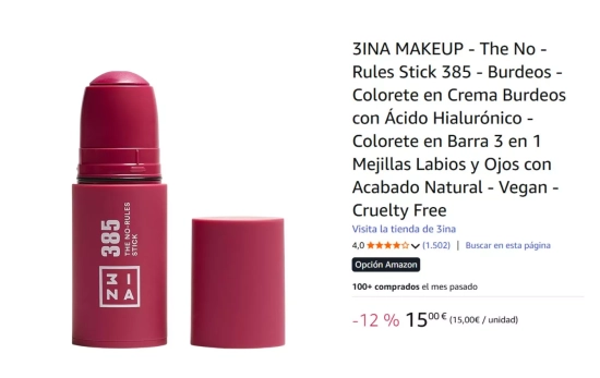 3INA MAKEUP - The No - Rules Stick 385 - Burdeos - Colorete en Crema/ AMAZON 3INA MAKEUP - The No - Rules Stick 385 - Burdeos - Colorete en Crema/ AMAZON