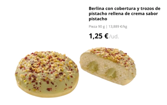 Berlina con cobertura y trozos de pistacho rellena de crema sabor pistacho/ MERCADONA Berlina con cobertura y trozos de pistacho rellena de crema sabor pistacho/ MERCADONA