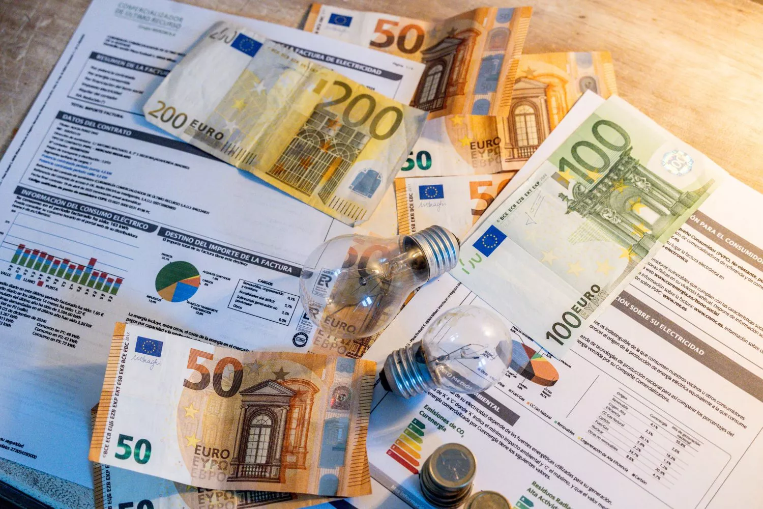 Bombillas, facturas y dinero que reflejan la subida del IPC / EP