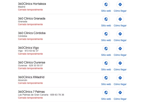 Google informa de todos los centros de 360Clinics cerrados temporalmente  Google informa de todos los centros de 360Clinics cerrados temporalmente