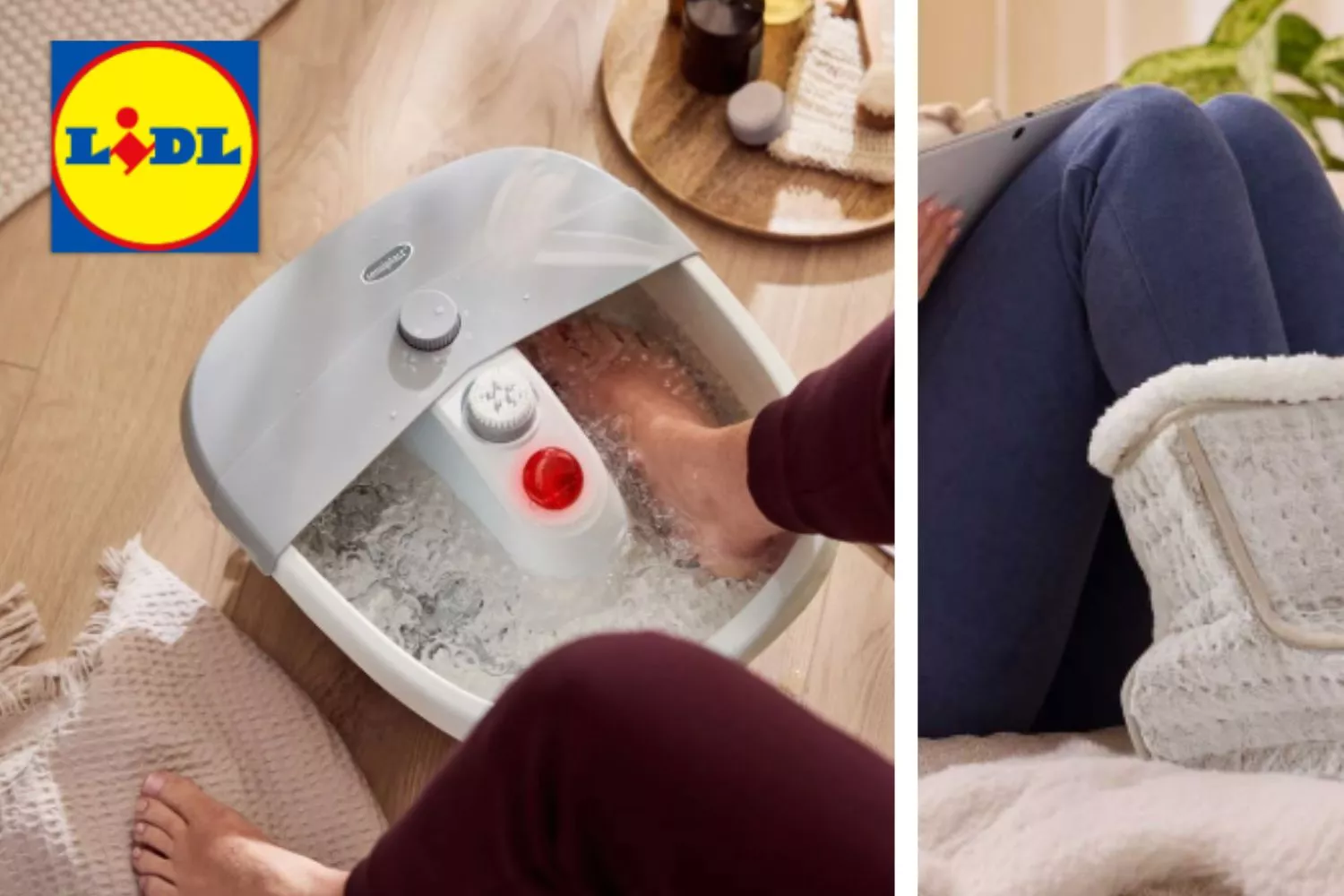 El spa y el calentador eléctrico, ambos para pies, de Lidl / Montaje CONSUMIDOR GLOBAL