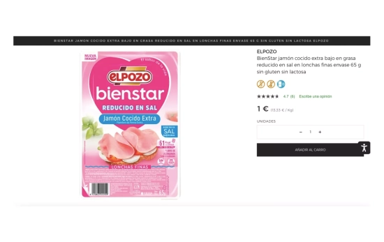 Embutido jamón york El Pozo, envase 65 gramos / EL CORTE INGLÉS