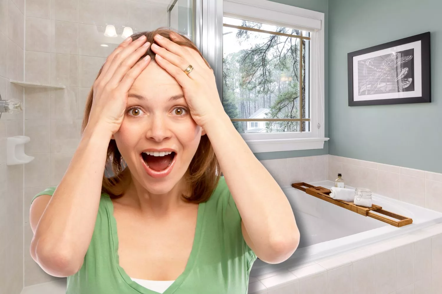 Una mujer con un cuarto de baño de fondo 