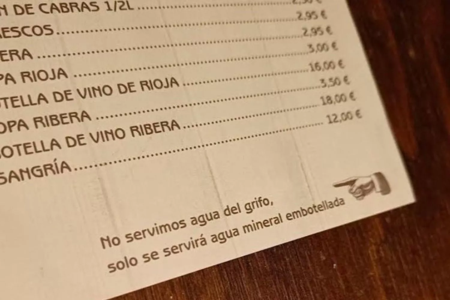 Carta del restaurante que no sirve agua del grifo / X