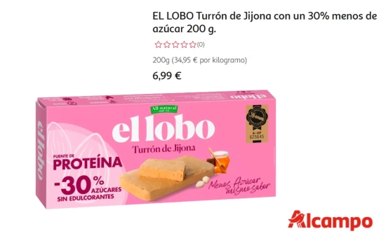 EL LOBO Turrón de Jijona con un 30% menos de azúcar 200 g/ ALCAMPO EL LOBO Turrón de Jijona con un 30% menos de azúcar 200 g/ ALCAMPO