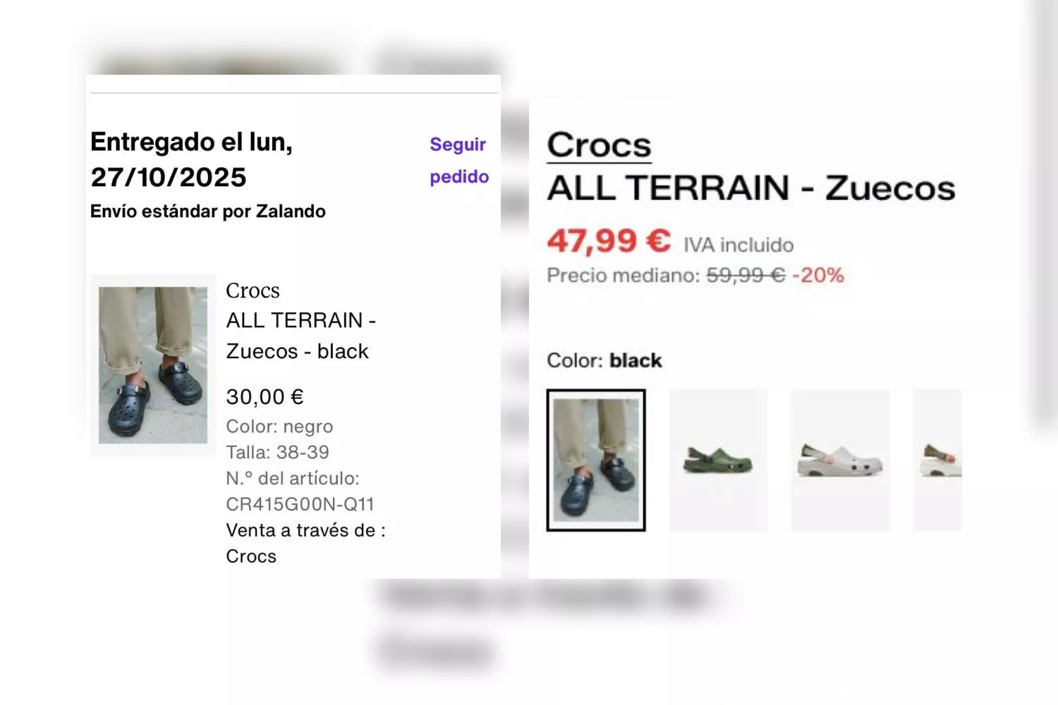 A la izquierda, el precio de las Crocs All Terrain en octubre. A la derecha, el precio durante el Black Friday y días posteriores / CG