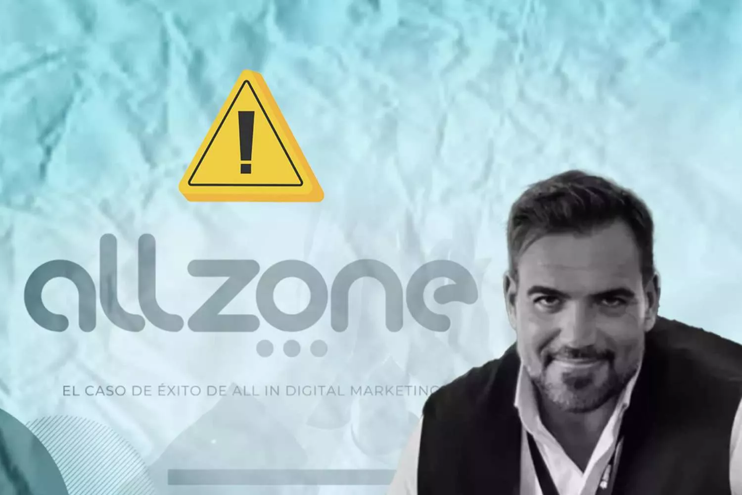 Pablo Moscoloni, el propietario de AllZone, el logo de la empresa y un símbolo de peligro / Montaje CONSUMIDOR GLOBAL