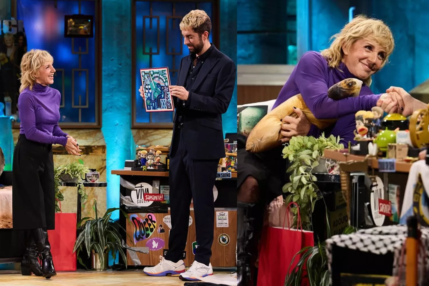 Ana Torroja con el estilismo en morado y negro que ha lucido en La Revuelta (TVE)/ Instagram