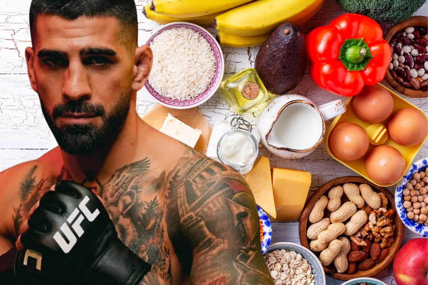 Ilia Topuria con alguno de los alimentos de su estricta dieta para el alto rendimiento / Montaje Consumidor Global