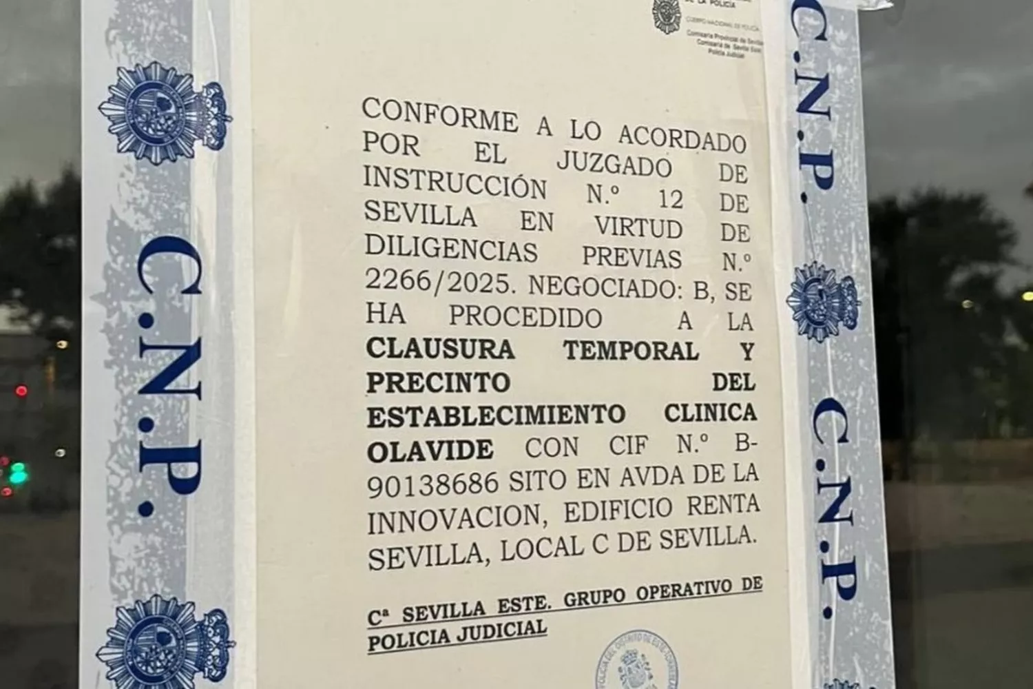 La comunicación del precinto de Clínica Olavide por parte de la Policía Nacional / @afectadxs_clinica_olavide