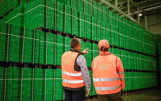 Dos trabajadores frente a una montaña de palés / LOGIFRUIT