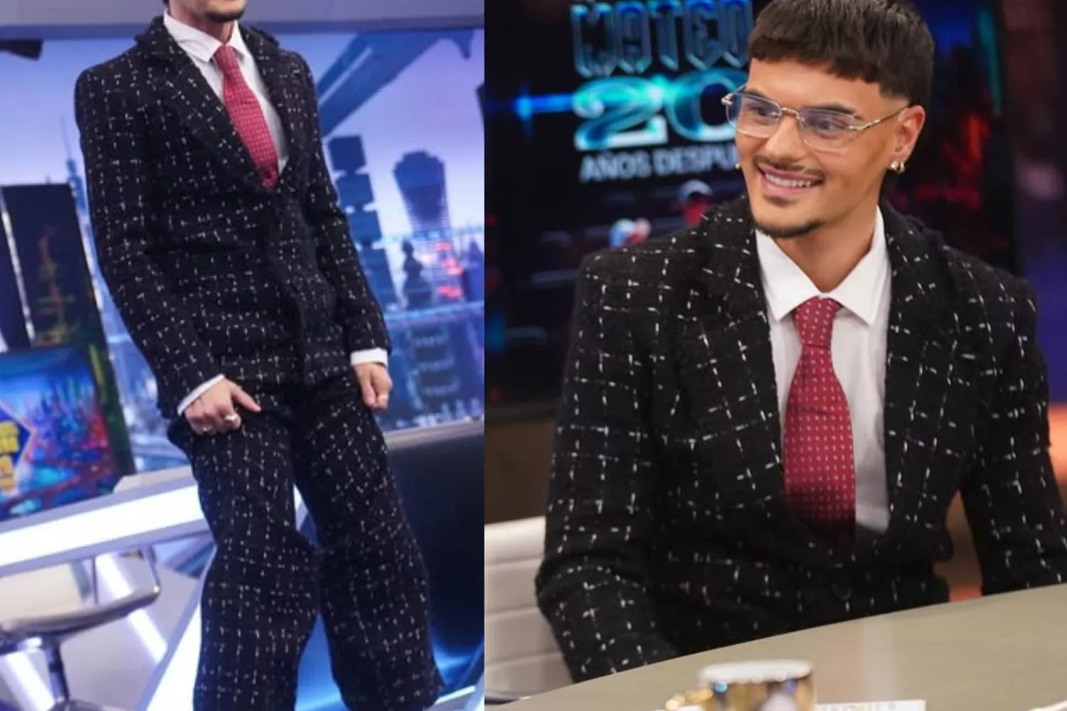 Las claves del look de Abraham Mateo con chaqueta de estampado tweed y corbata/ Montaje Consumidor Global