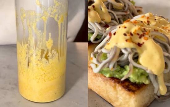 Canapé de gulas y aguacate con mayonesa de huevo frito y mostaza/ @Thefitbowl