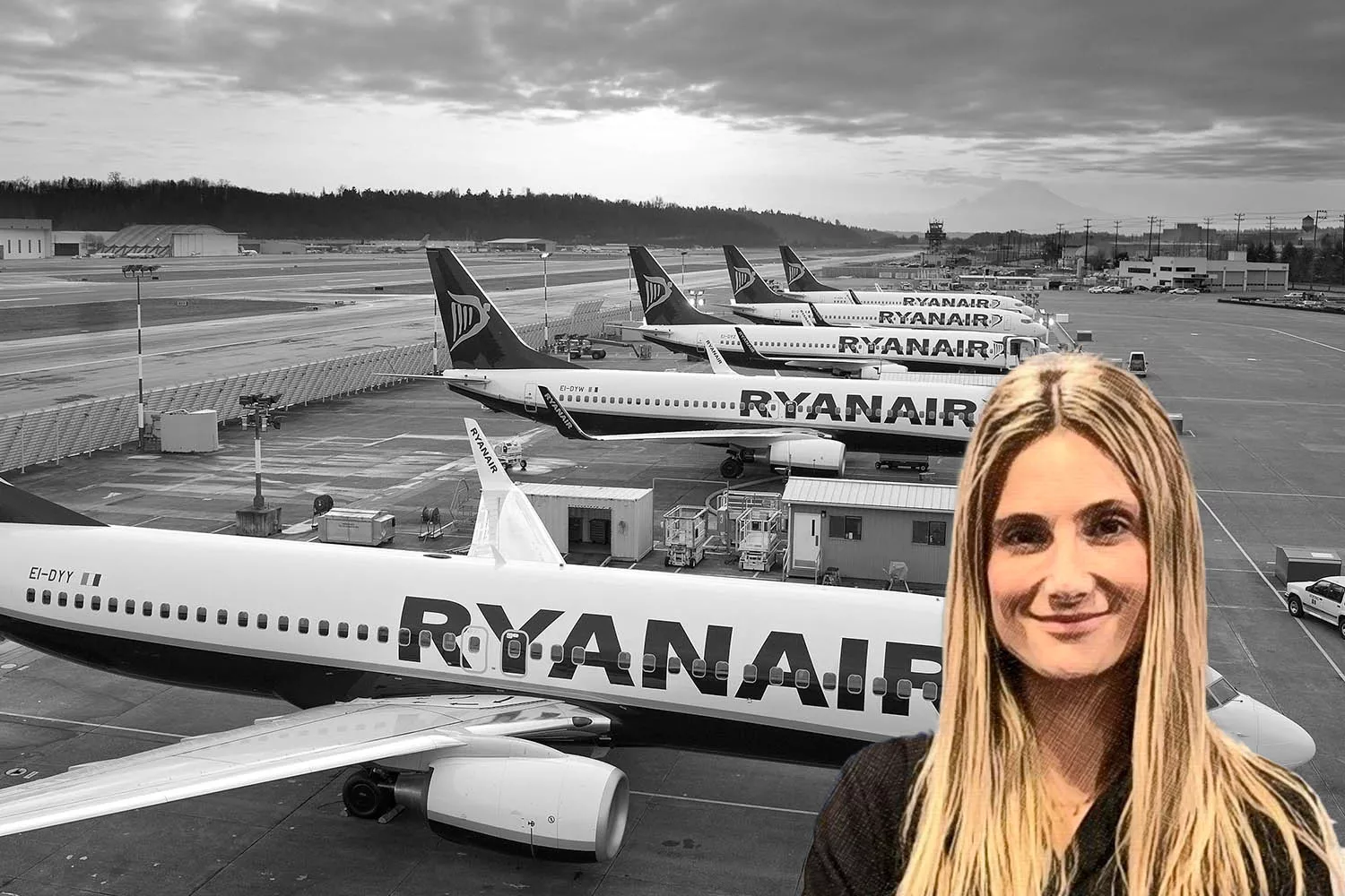 Alejandra Ruíz García, directora de comunicación de Ryanair, y varios aviones de la compañía / Montaje CONSUMIDOR GLOBAL