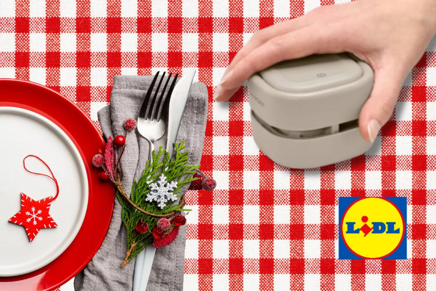  Lidl vende el mini aspirador que recoge por ti la suciedad del mantel en Navidad/ Montaje Consumidor Global