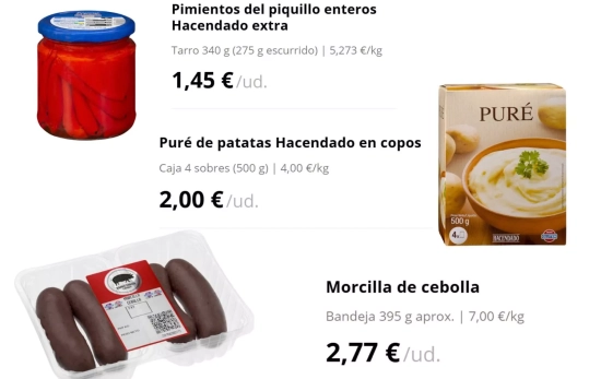 Ingredientes para pimientos del piquillo rellenos de puré de patatas y morcilla/ MERCADONA